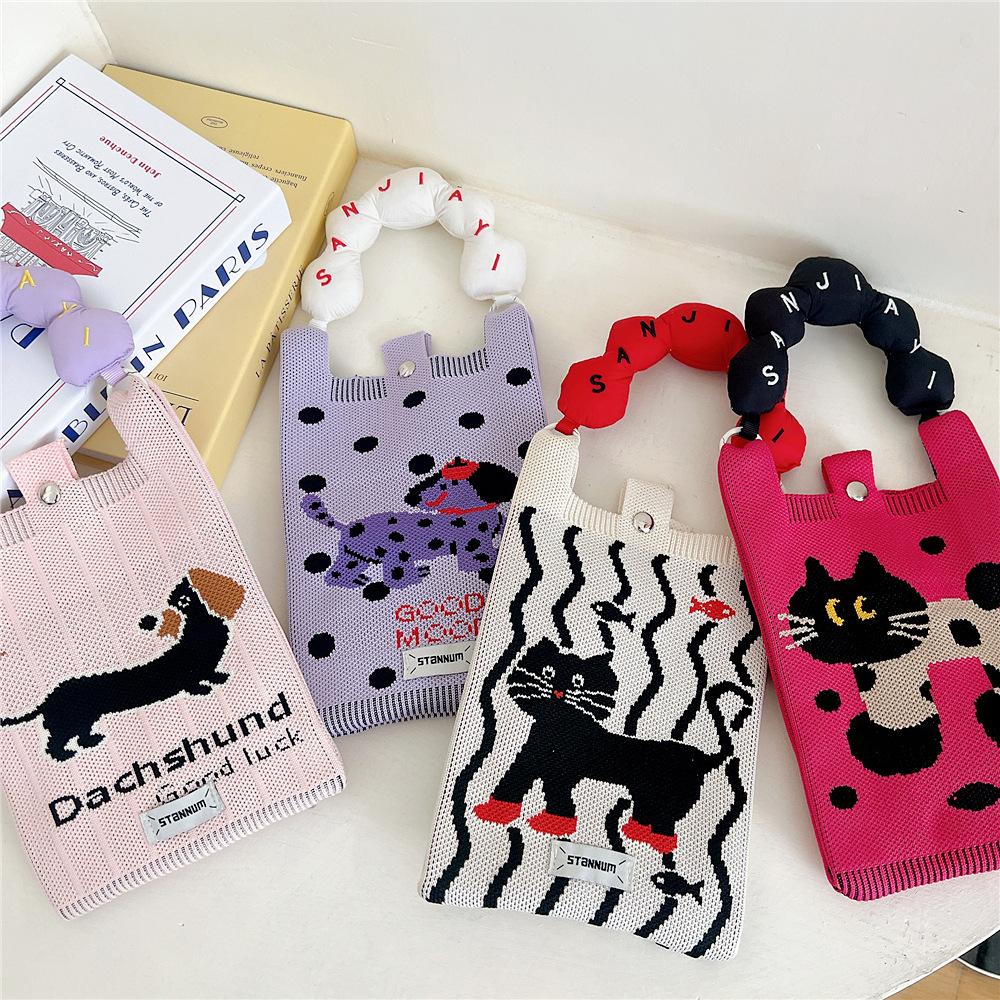 Knitted Mobile Phone Bag For Women In Spring And Autumn Cute Cartoon Versatile One Shoulder Diagonal Cross Bag Travel Coin Purse Small Handbag