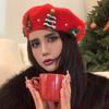 Lady's Red Christmas Beret with 3D Christmas Tree Decoration - Elastic Drawstring Closure, Lightweight