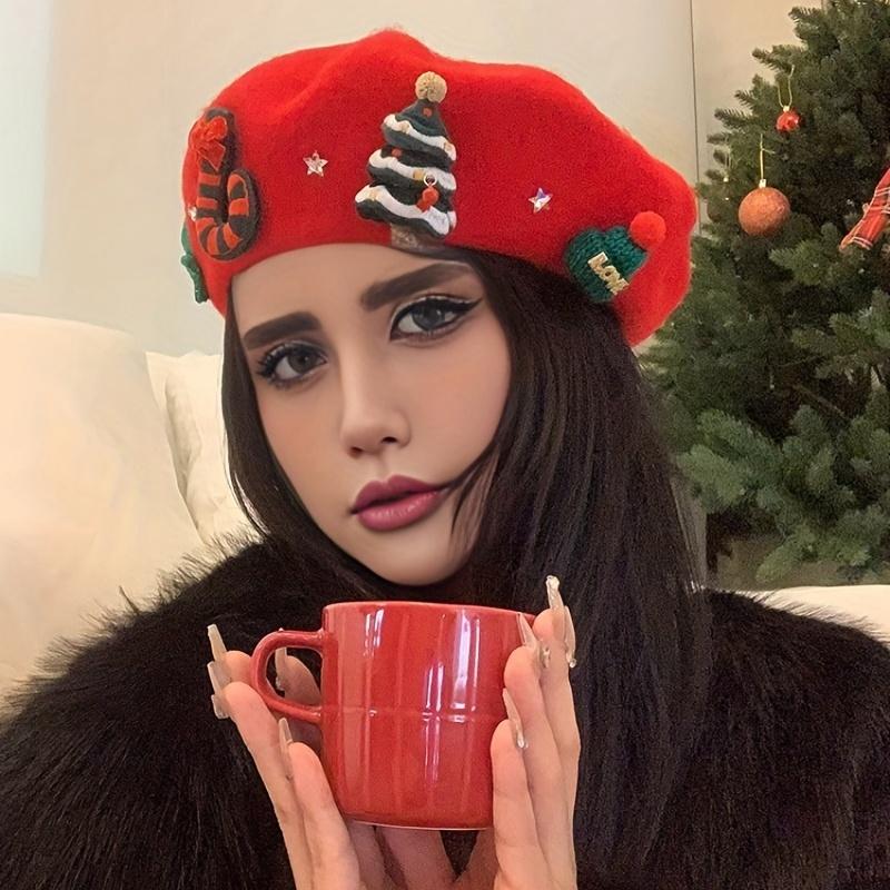 Lady's Red Christmas Beret with 3D Christmas Tree Decoration - Elastic Drawstring Closure, Lightweight