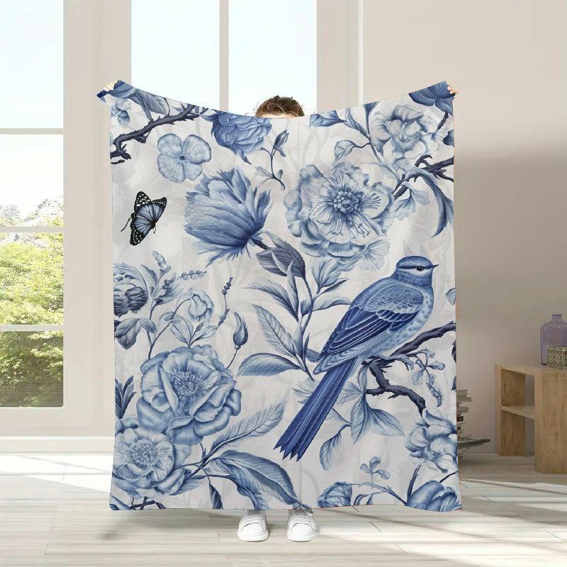 Floral Bird Chinoiserie Flower Throw Blanket Blue and White Soft Cozy Flannel Blanket for Home Bed Sofa Couch Chair 70x100cm
