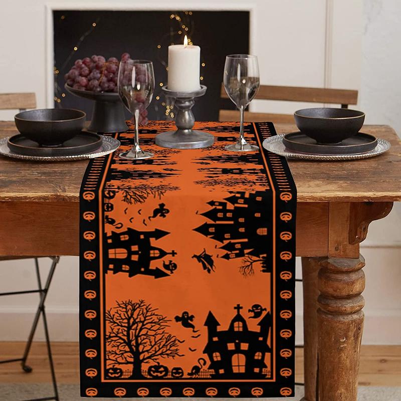 Halloween Home Tischläufer Spukhaus Orange Schwarz Kürbis Tischläufer Kommode Schal Halloween Abendessen Leinen Tischläufer