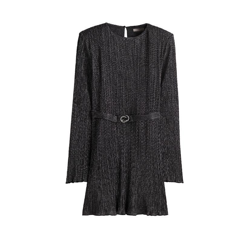 Spring New Arrival Women's Clothing Fashion Style round Neck with Belt Casual Padded Shoulder Ruched Dress 1245453