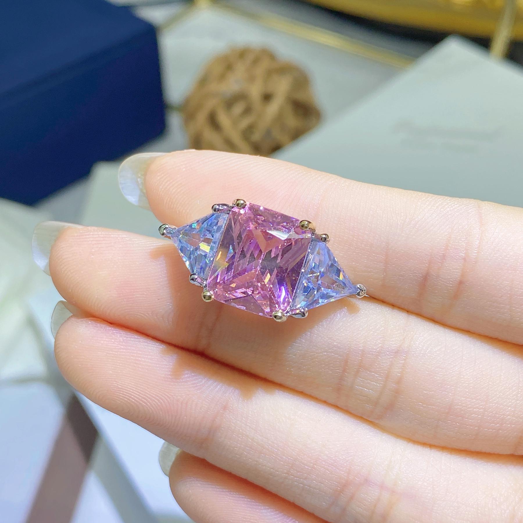 

Elegant Pink Zircon Princess Square Ring - Eight Hearts Arrows Simulated Moissanite Adjustable Design Adjustable