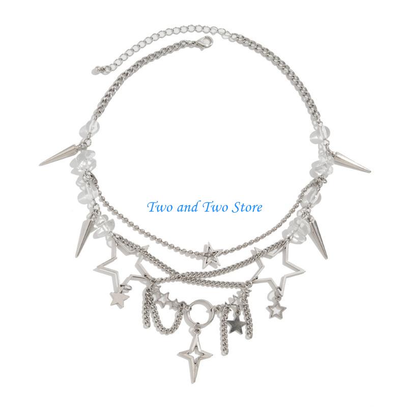 HX6F Unique Irregular Multilayer Tassels Necklace Featuring Star Pendant Portable Accessory for Fashionable Women Wear CN