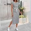 European and American Women's Clothing Spring and Summer Casual Striped Short-sleeved Dress New Temperament Thin Medium and Long Skirt