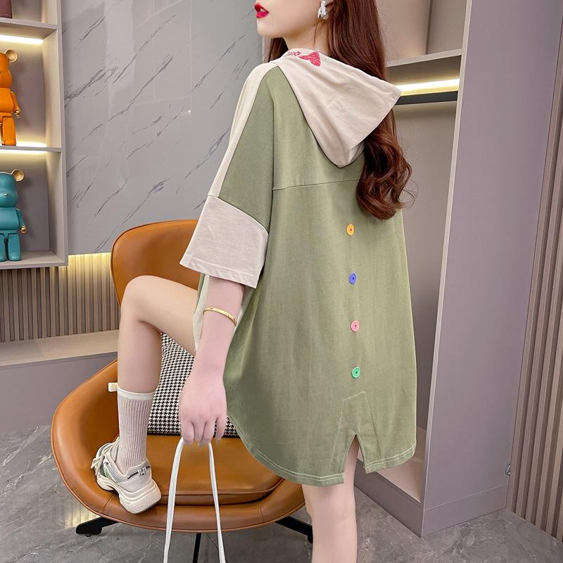 Women's Hooded Contrasting Back Panel T Shirt Summer Loose Long Women