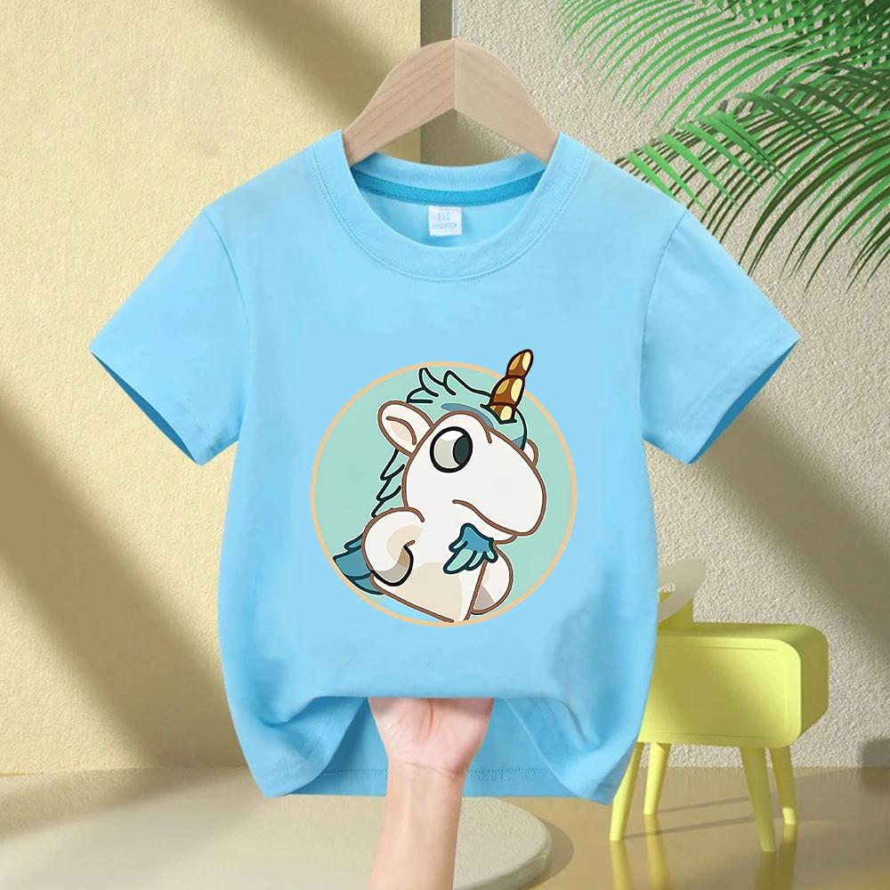 Cute Unicorse Hole Cartoon Print Kids Tshirt Summer Childrens Cotton Short Sleeve Casual Tops for Boys and Girls