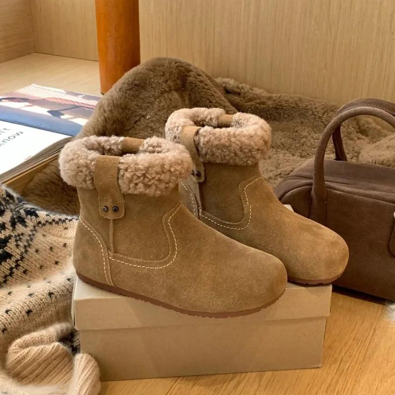 

Fashion Women s Boots Faux Fur Flat Ankle Mid-Calf Cowhide Vintage Buckle Boots Cotton Shoes for Women 35 верблюд