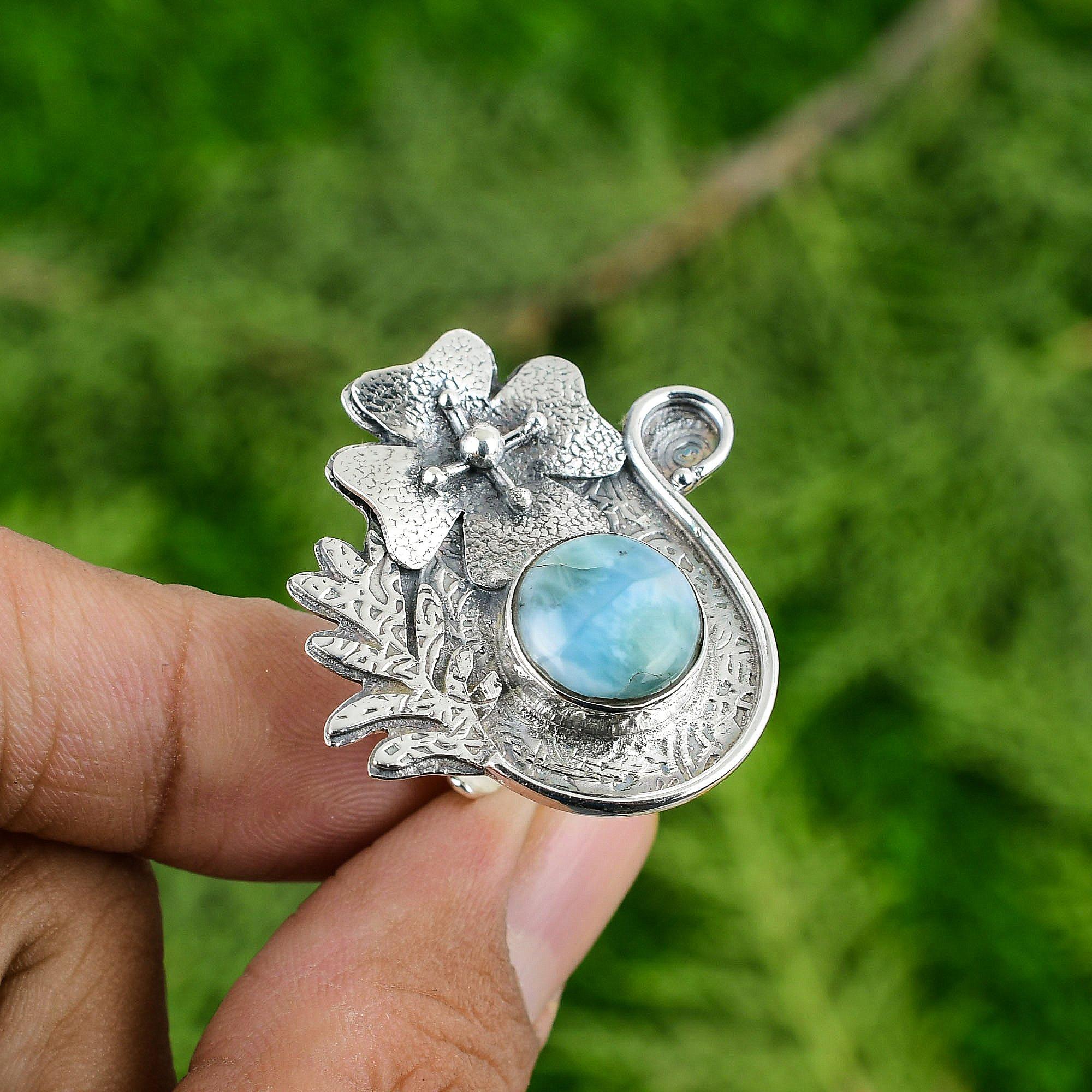 

Wedding Gift For Her 925 Silver Natural Larimar Statement Flower Adjustable Ring Adjustable