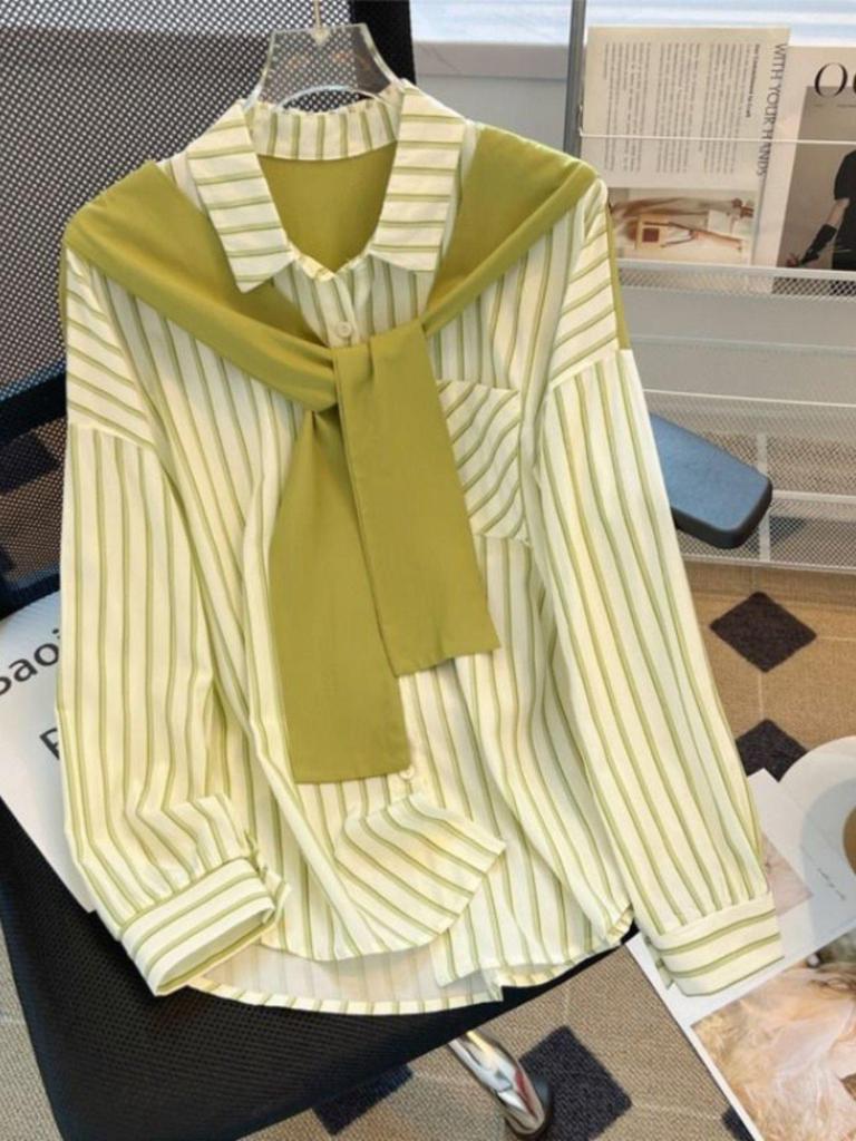 Women's Striped Patchwork Shawl Shirt - Loose, Long Sleeve, Early Spring 2026 Arrival
