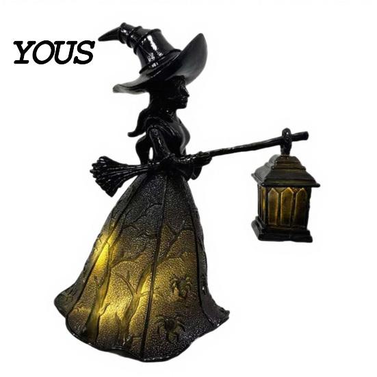Retro Halloween Party Supplies Witch Holding Lantern Light, with Spider Web Pattern Decor, Glowing Secret Room Atmosphere Gothic Style Resin