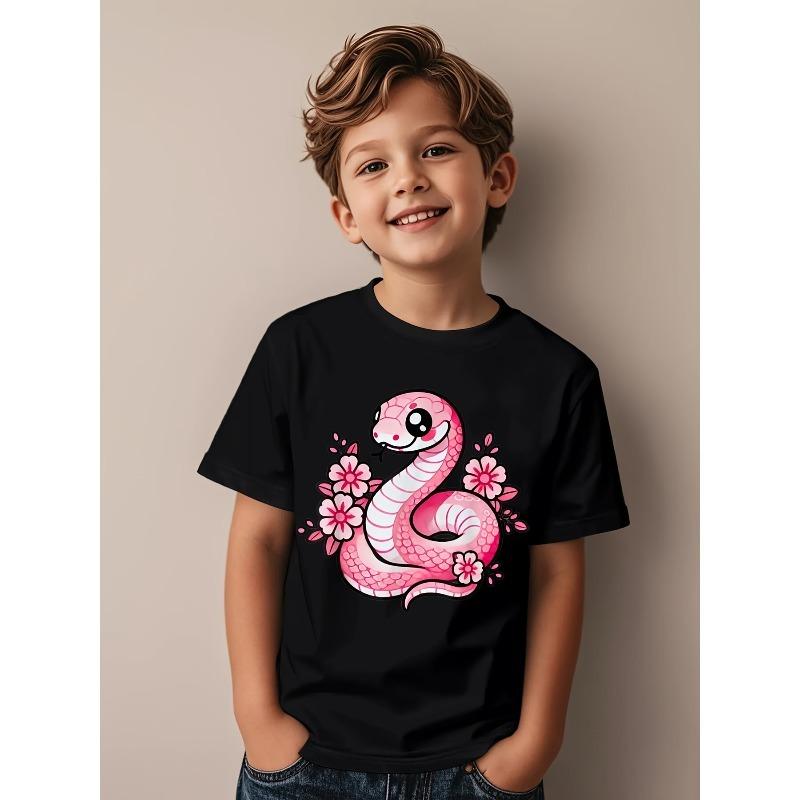 European Sizes Kawaii Pink Snake and Flowers Year of Snake Funny Awesome Graphic Kid T-Shirt | Casual Streetwear Tees Tops for Kids