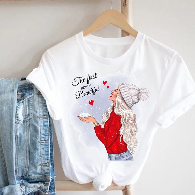 Cartoon Rudolph Reindeer Snowflake Print T Shirt Women Merry Christmas Holiday Short Sleeve Top