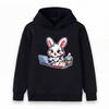 Cute Cartoon White Bunny Working On Laptop Print Kids Hoodie, Unisex Boys Girls Casual Soft Pullover Sweatshirt for Daily School Home Wear