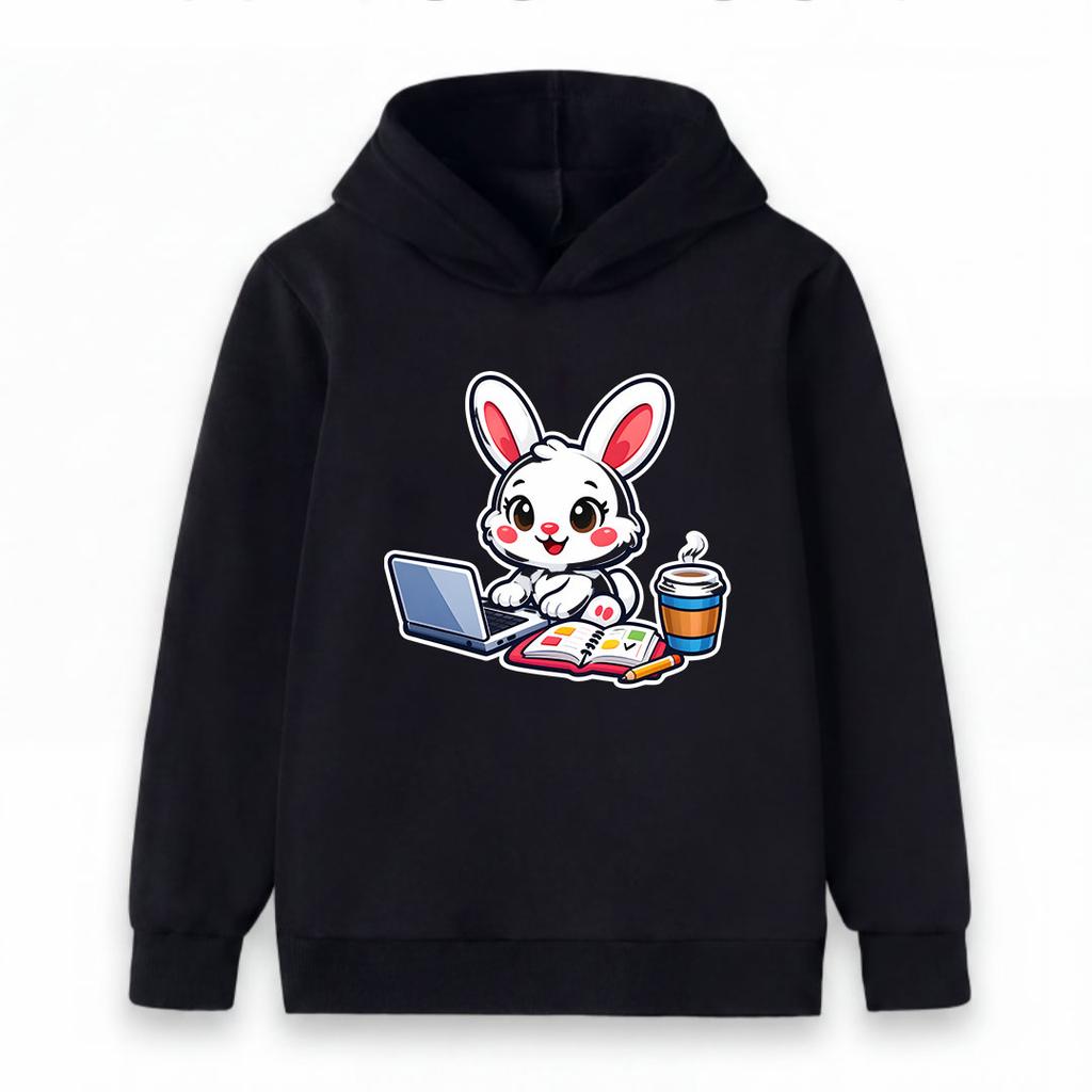 Cute Cartoon White Bunny Working on Laptop Print Kids Hoodie, Unisex Boys Girls Casual Soft Pullover Sweatshirt for Daily School Home Wear