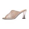 Pearl rhinestone high heel cool slippers women's summer wear fashion thick heel 2025 new breathable mesh hollow one-word drag