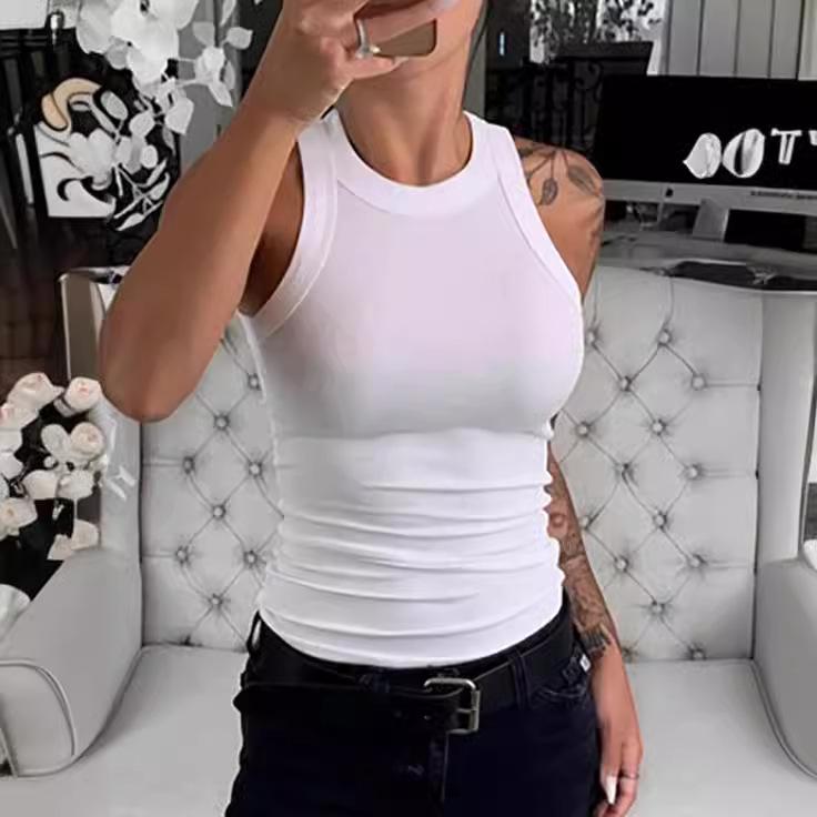 

Women s Sexy Solid Color Pure Cotton Crew Neck Sleeveless Tank Top L чорний