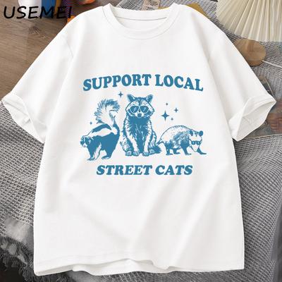 Support Your Local Street Cats Retro T Shirt Funny Raccoon T-Shirt Streetwear Animal Cat Lover Graphic T Shirts Mens Clothing