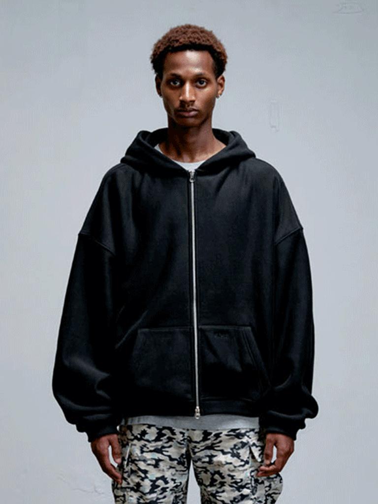 Erer Men Oversized Sweat Hoodie Zip-Up Black