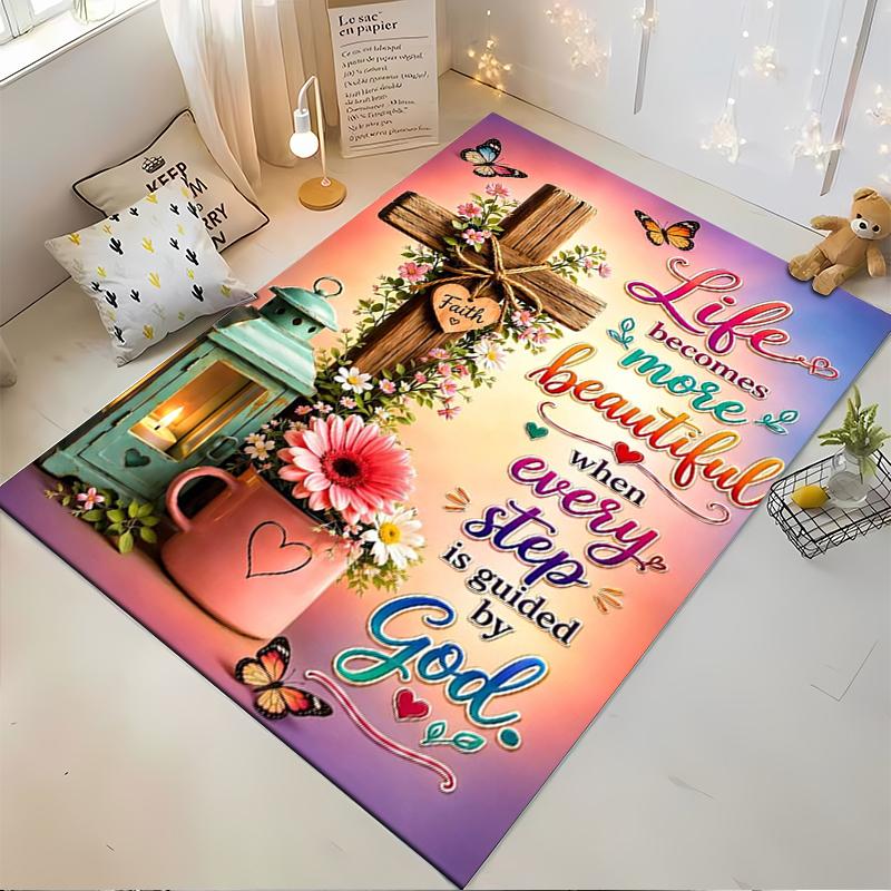 Christian-Inspired Floral Design Non-slip rug suitable for living room and bedroom sofas