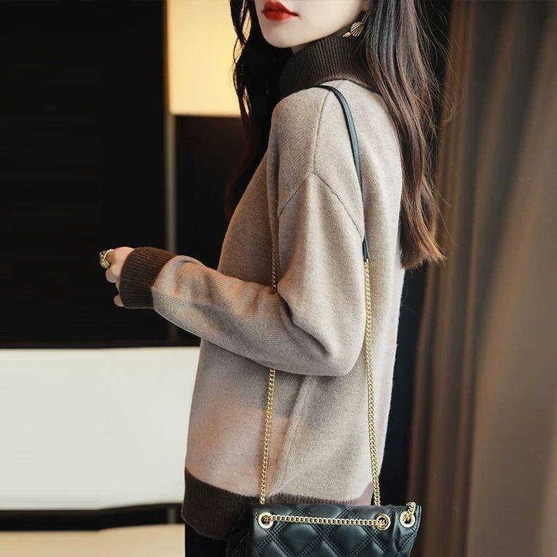 Women's Asymmetrical Collar Sweater Autumn and Winter Bestselling Knitted Sweater Color-Block Sweater Loose Outer-Wear Sweater Versatile Base Layer