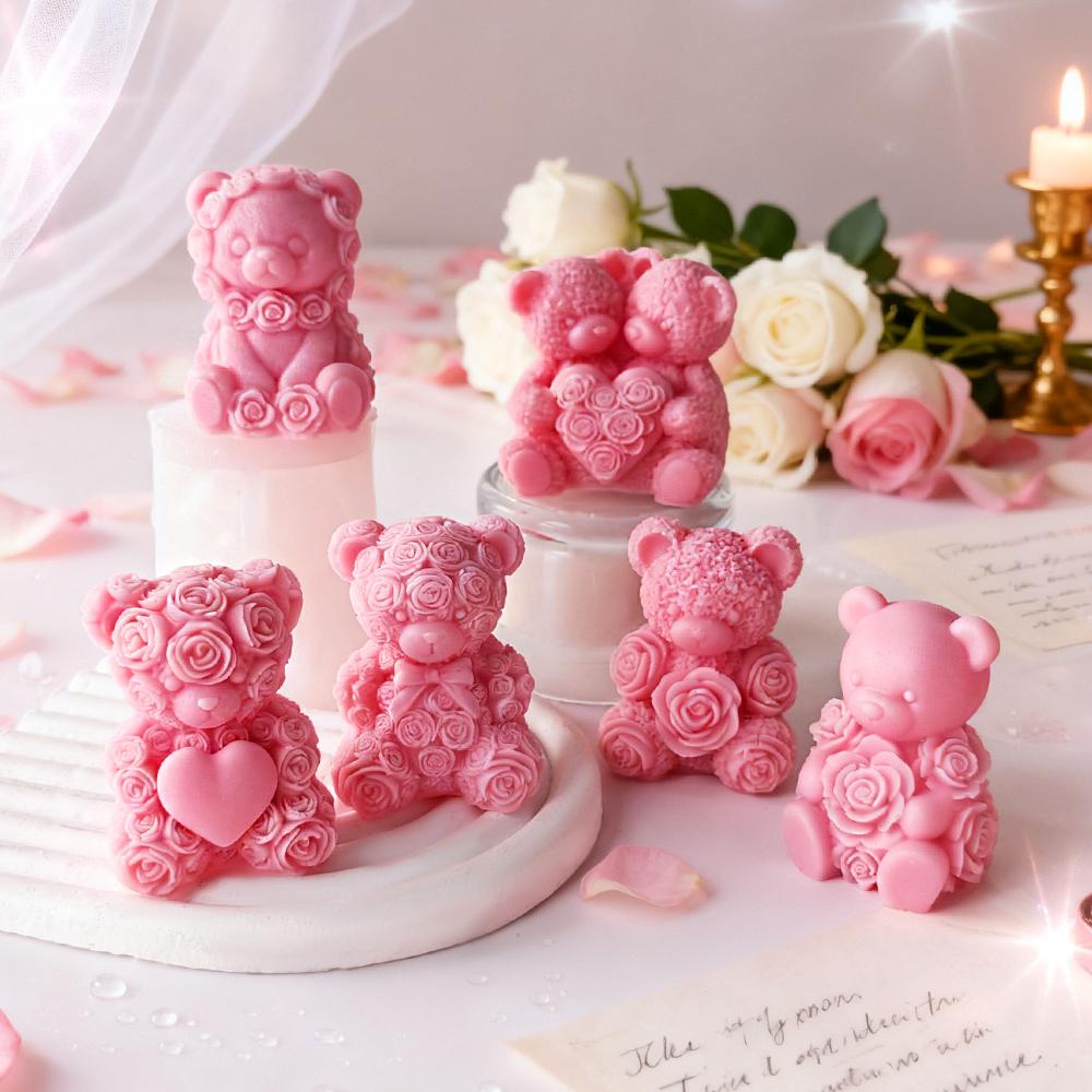 DIY Valentine's Day Rose Bear Silicone Mold Handmade Gift Scented Candle Gypsum Resin Mould Wedding Decor Candle Making Supplies