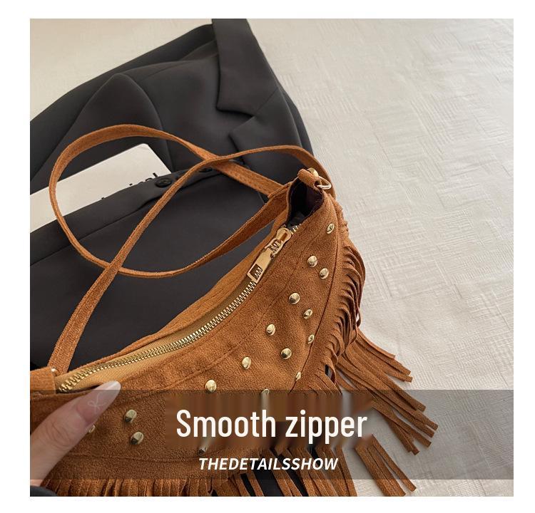 Suede Rivet Tassel Dumpling Bag - Autumn/Winter 2025 Boho One-Shoulder Crossbody
