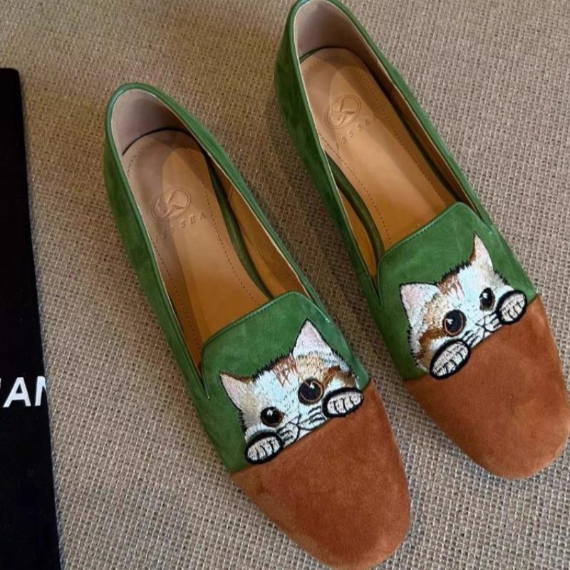 Spring New Flat Shoes for Women Square Head Shallow Mouth Suede Stitching Embroidery Soft Sole Non-slip Single Shoes