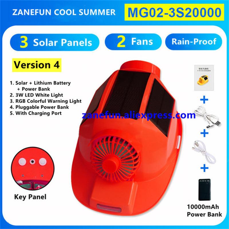 Helmet With 3 Solar Panels 2 Fans LED Light RGB Warning Rechargeable Lithium Battery Power Bank Outdoor Work Solar Fan ABS Cap