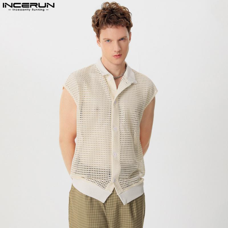 INCERUN Men Summer V Neck Sleeveless Hollow Tank Tops See Through Mesh Vest