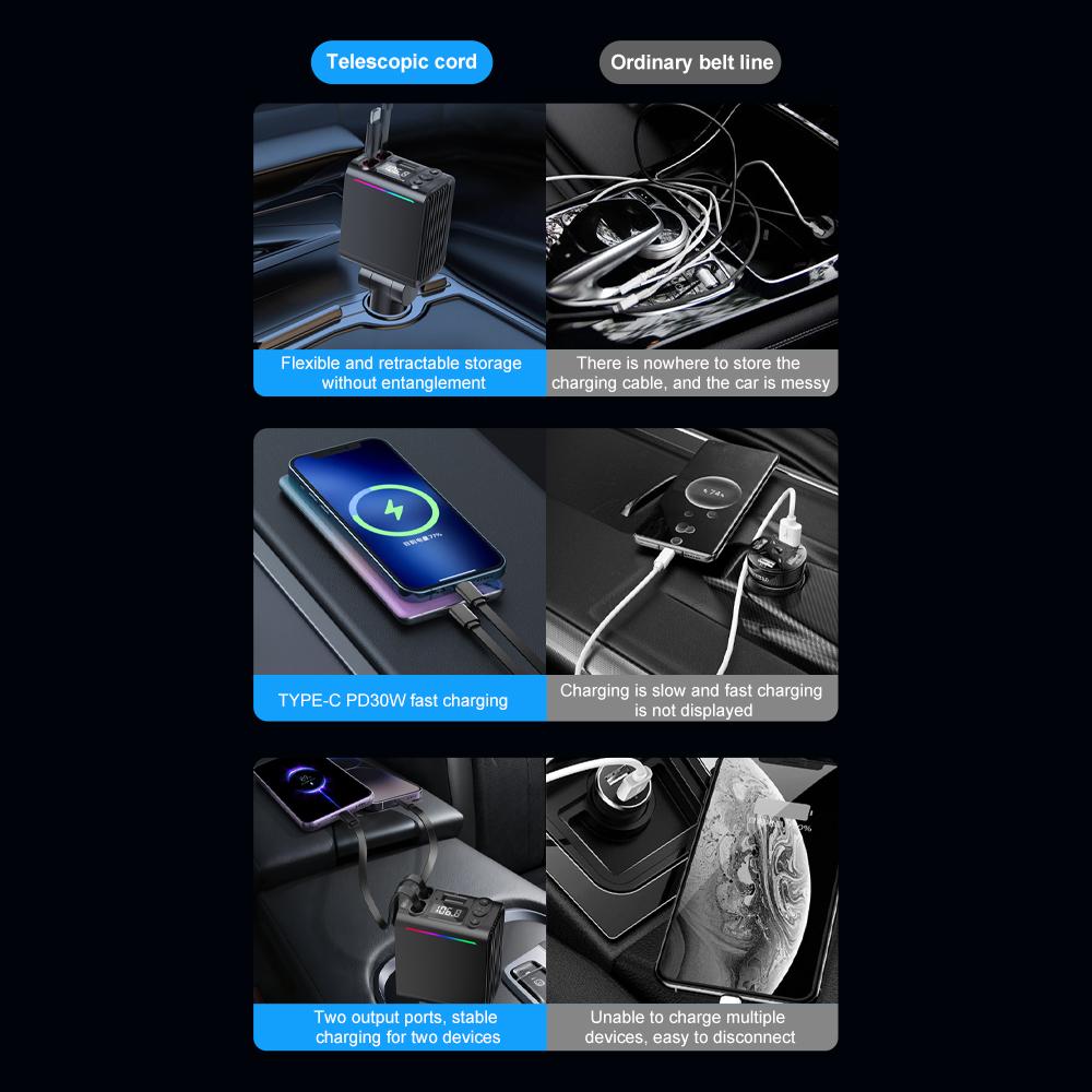 C88 USB Car Charger Cigarette Lighter Adapter with Dual Retractable Cable Bluetooth-Compatible 5.3