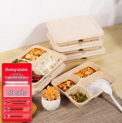 Degradable Sugarcane Pulp 4-Compartment Takeaway Meal Boxes