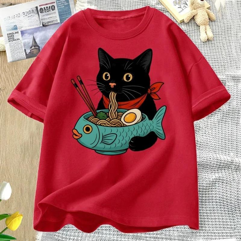 Cat Lover T Shirt Women Funny RaUnisex Cat TShirt Noodle Kawaii Japanese Food Cats Tee Casual Short Sleeve Round Neck Clothing Y2K
