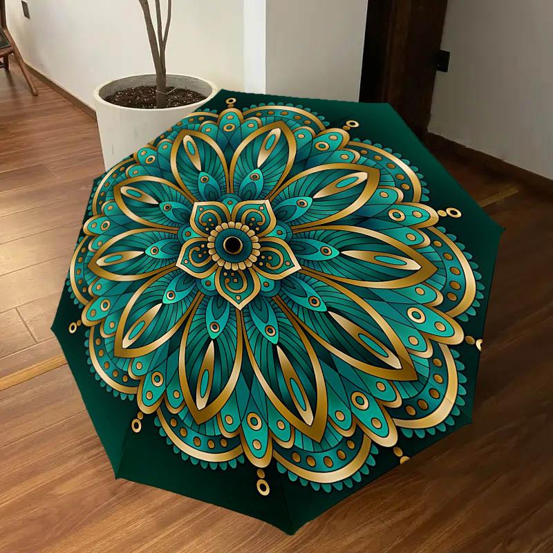 1PC Mandala Pattern Automatic Open/Close Umbrella Compact Folding Umbrella with 8-Rib Shaft lightweight esign, Highquality Fabric1158A