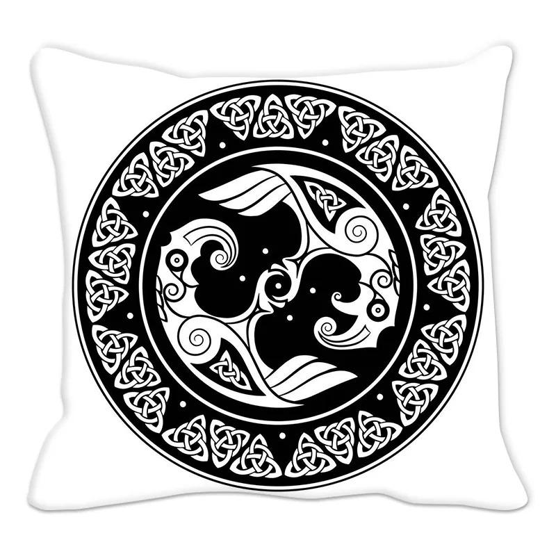 Viking Runes Compass Cushion Cover Peach Skin Norse Mythology Throw Pillowcase Black Celtic Knot Sofa Living Room Home Decor
