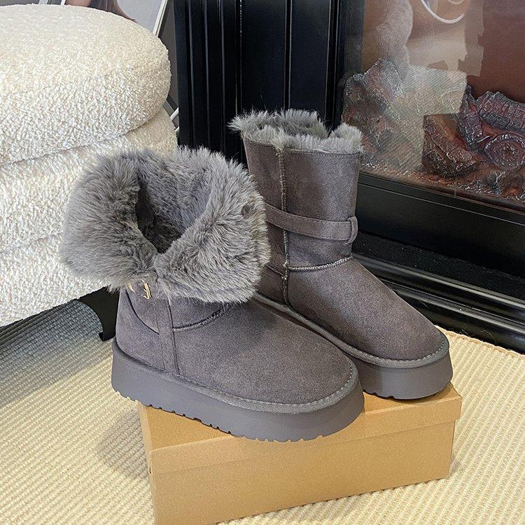 Northeast Snow Boots Women's Winter 2025 New Plush Thickened Plush Cotton Shoes One-word Buckle with Platform Boots