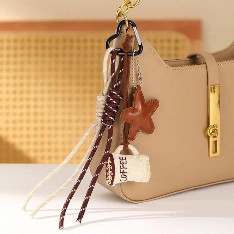 Cute Cartoon Coffee Cup Bag Charm Creative Personalized Keyring Vintage Braided Rope Keychain Backpack Pendant Gifts