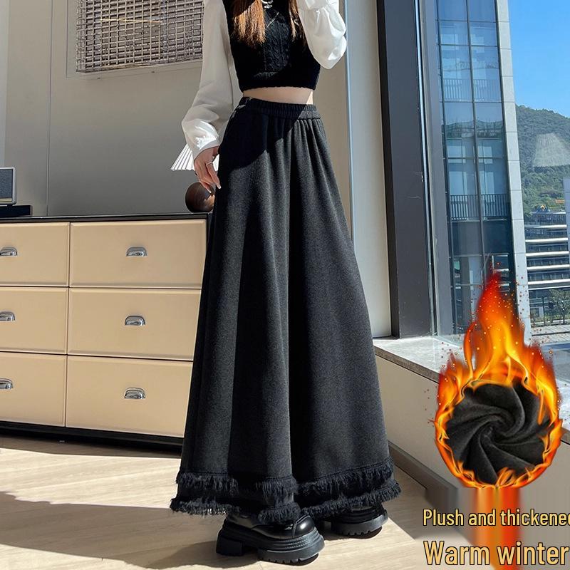 

2026 Autumn/Winter Women s High Waist Tassel Wide-Leg Velvet Pants 3XL темно-серого