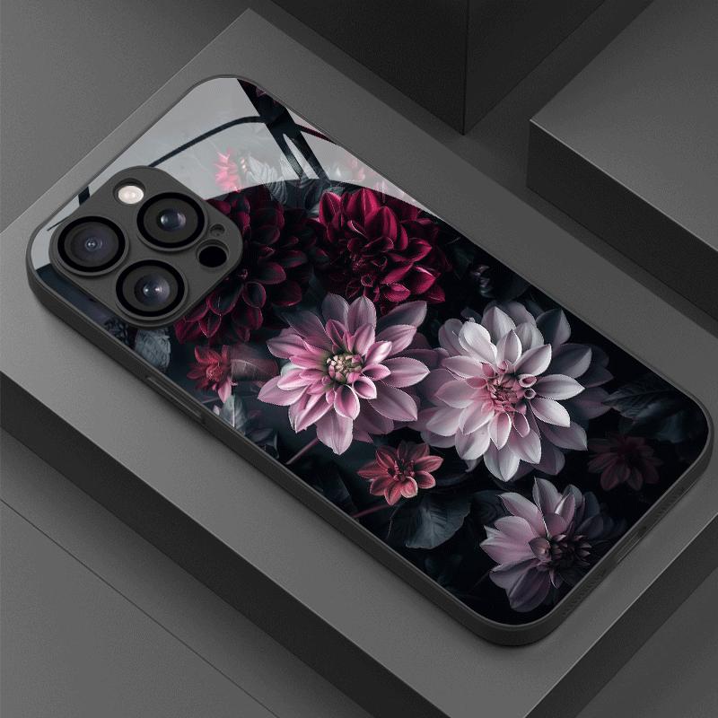 Dark floral pattern glass phone case suitable for iPhone 17 16 15 14 13 12 11 Pro Max Plus anti drop and shockproof back cover