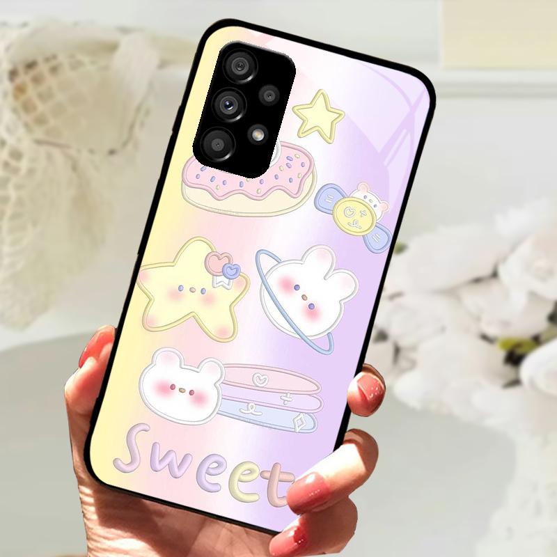 Glass Case For Samsung A13 A23 4G 5G Cartoon Tempered Glass Phone Cover For Galaxy A33 A53 A73 5G Hard PC Glass Protector Cases