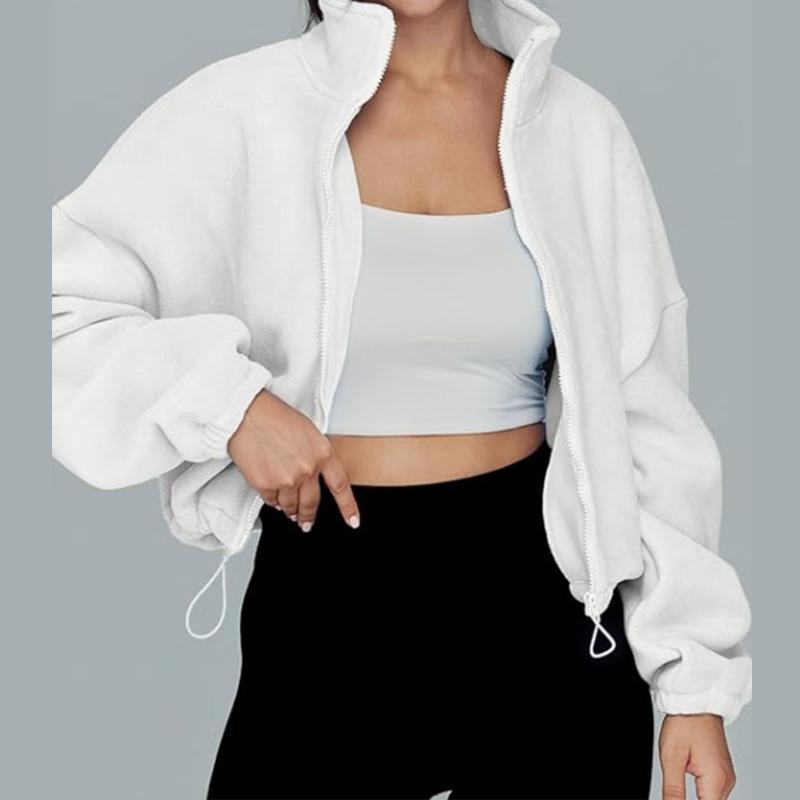 Ladies Spring Autumn Casual Long Sleeve Stand Collar Zipper Solid Color Drawstring Gather Waistline Cardigan Hoodies Sweatshirt Top