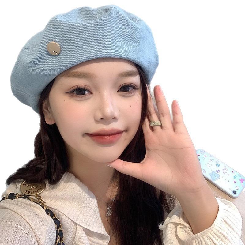 Autumn and winter hats women's big head circumference shows the face small painter hat sweet versatile beret washed cowboy hat