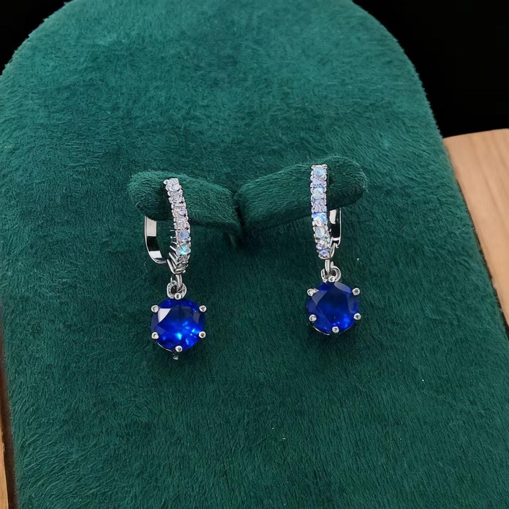 Earrings One-Carat Red Corundum Blue Pointed Crystal Ear Buckle Women'S Micro-Inlaid Six-Claw Fashion Cultivation Colored Treasure Earrings