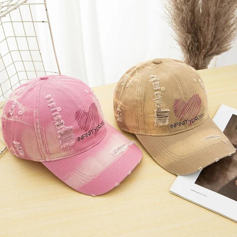 Distressed hand-painted heart baseball cap for women, spring/summer sun protection hat, large head circumference, makes face look smaller, versatile