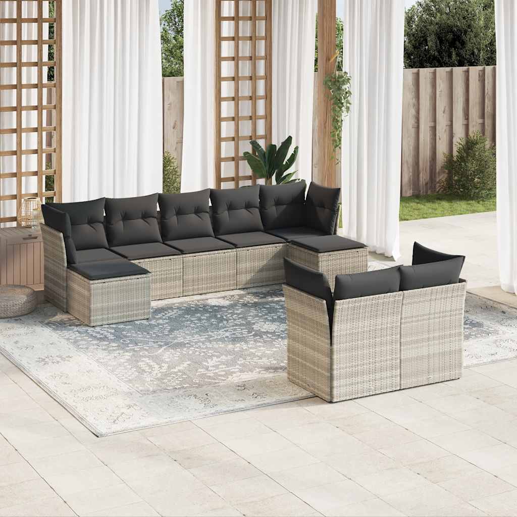 Vidaxl 9-Cz. Garden Furniture Set, Cushions, Light Grey Poly Rattan