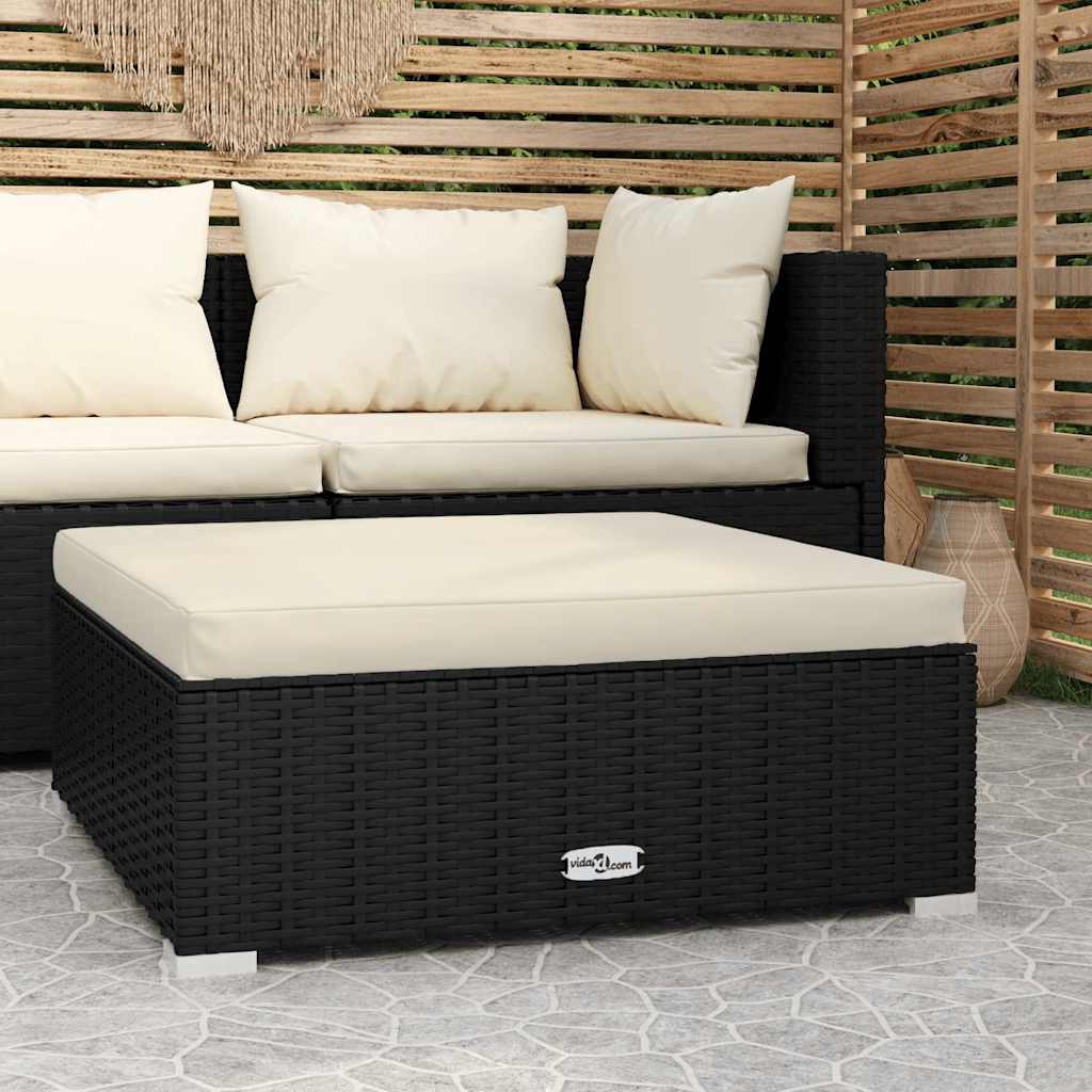 Garden Footstool with Cushion Black 70x70x30 cm Poly Rattan