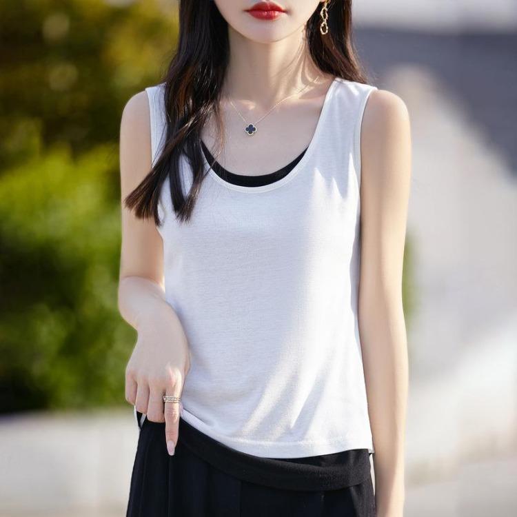 New Women Double Layered Tennis Vest Top Contrast Color Large U Neck Fake Two Piece Sleeveless Suspender Base Shirt Tshirt