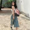 Trendy Summer Designer Slub Vintage Distressed Loose Straight Wide Leg Cropped Capri Denim Pants For Women Versatile Slimming Casual Bottoms