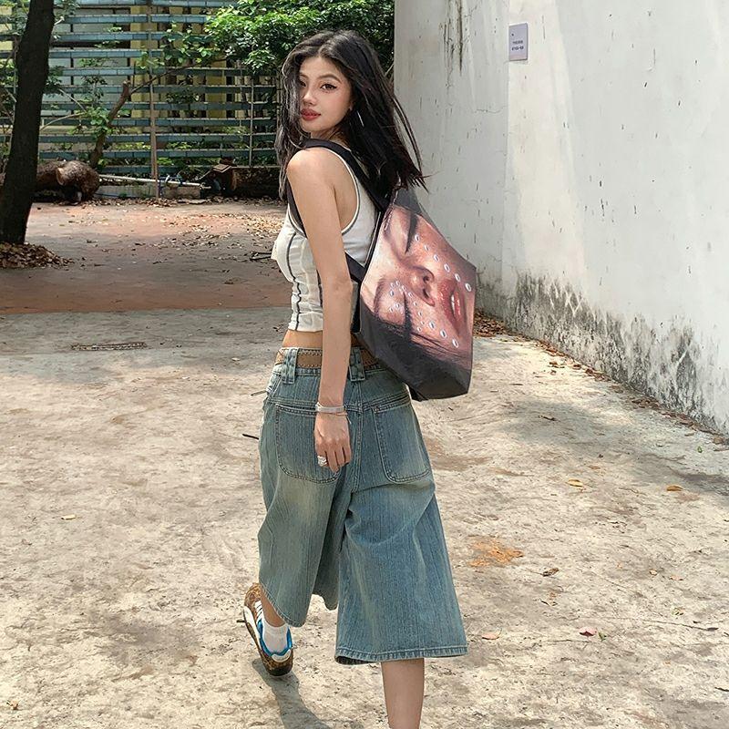 Trendy Summer Designer Slub Vintage Distressed Loose Straight Wide Leg Cropped Capri Denim Pants For Women Versatile Slimming Casual Bottoms
