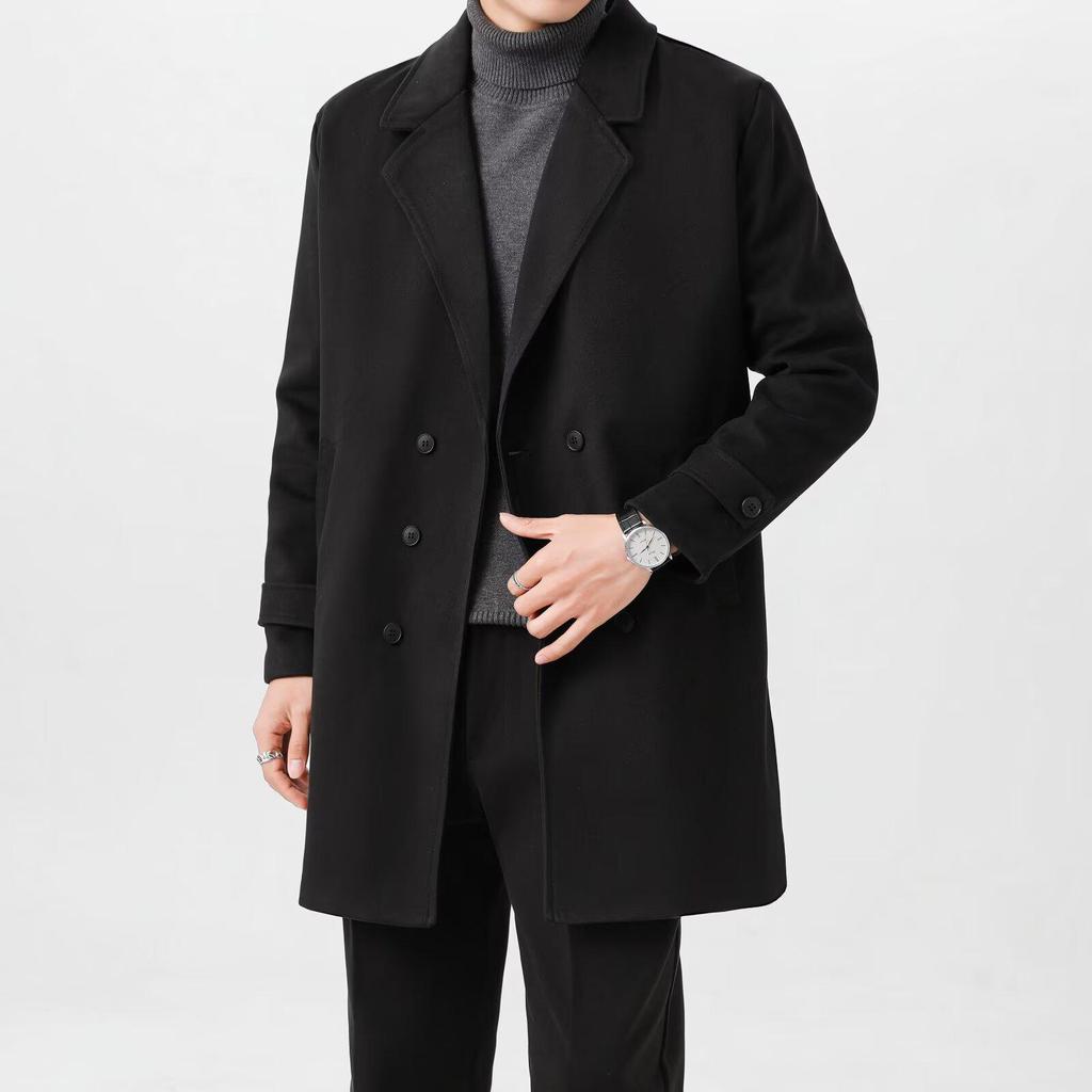 Men's Trendy Thickened Double-Breasted Mid-Length Wool Trench Coat